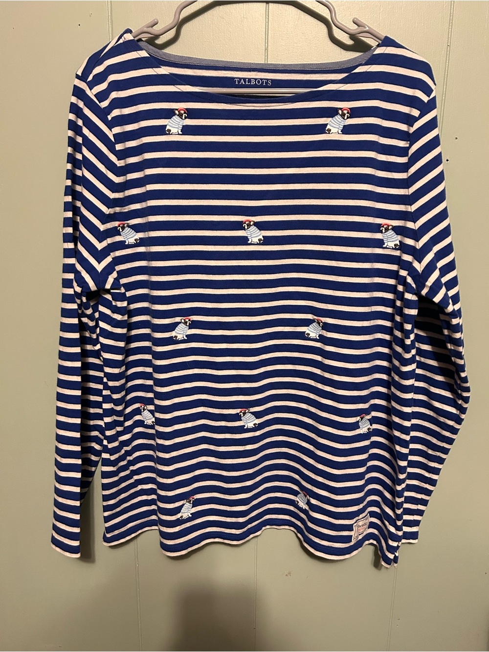 Talbots Blue and White Striped Long-Sleeve Tee with Frenchie Embroidery